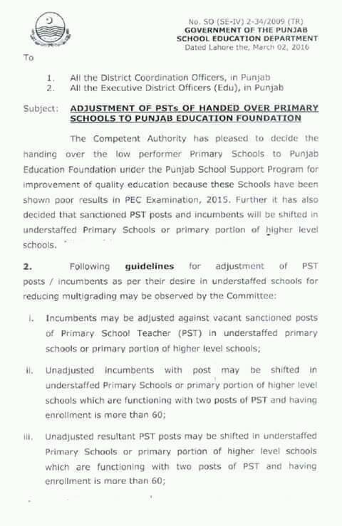 ADJUSTMENT OF PSTs OF HANDED OVER PRIMARY SCHOOLS TO PUNJAB EDUCATION FOUNDATION-1