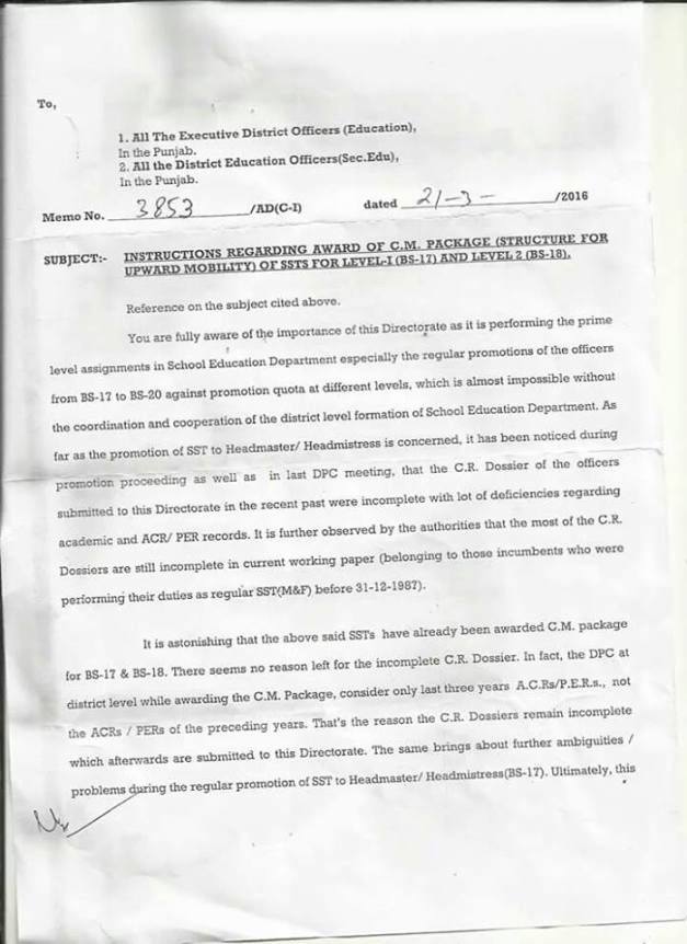 Instructions Regarding Award of CM Package of SSTs for Level 1 and Level 2