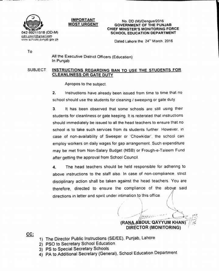 INSTRUCTIONS REGARDING BAN TO USE THE STUDENTS FOR CLEANLINESS OR GATE DUTY