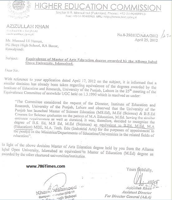 MASTERS OF ARTS EDUCATION EQUAL TO M.ED HIGHER EDUCATION COMMISSION LETTER
