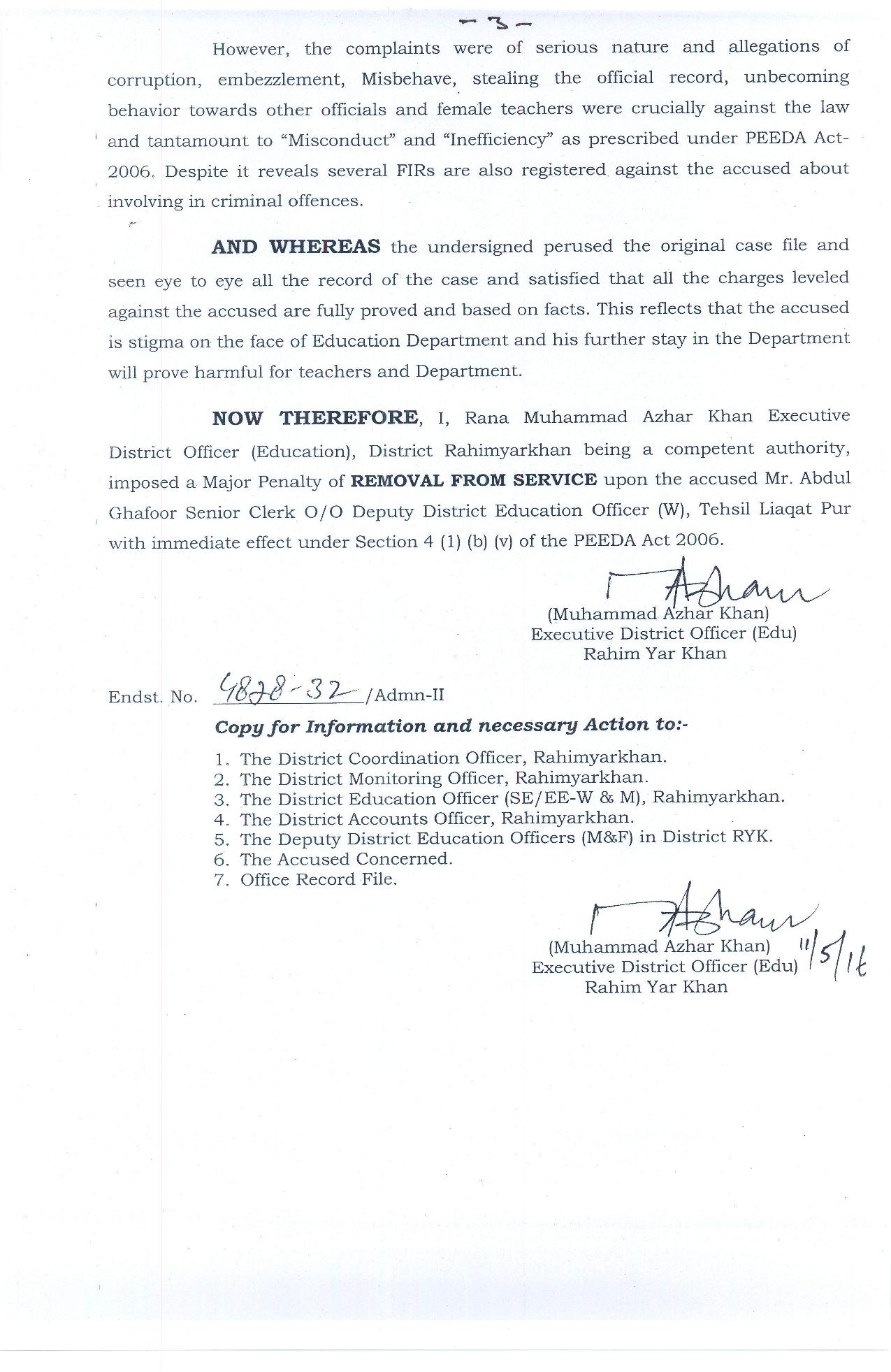 Removal from Service orders of Abdul Ghafoor Senior Clerk