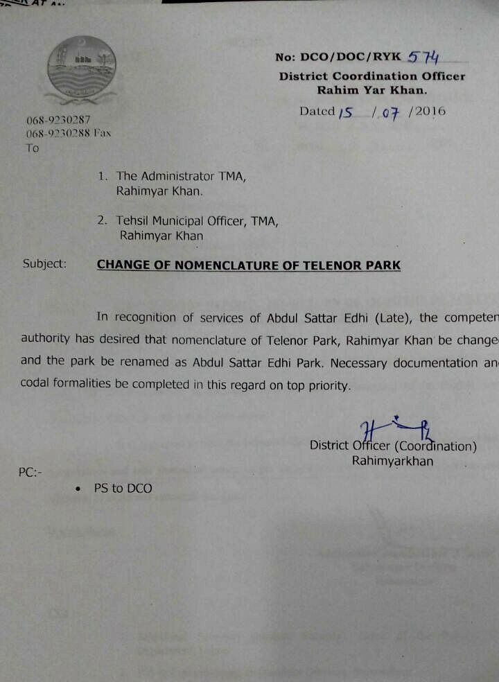 change of nomenclature of Telenor Park Rahimyarkhan 