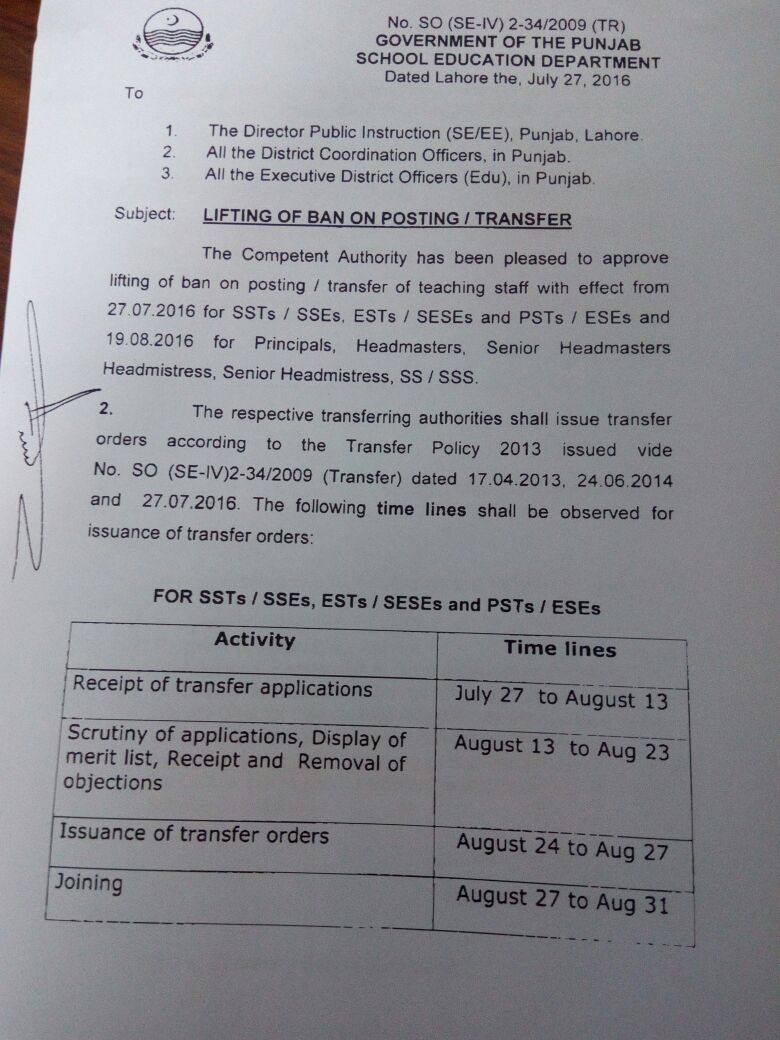 LIFTING OF BAN ON POSTING AND TRANSFER 2016 NOTIFICATION
