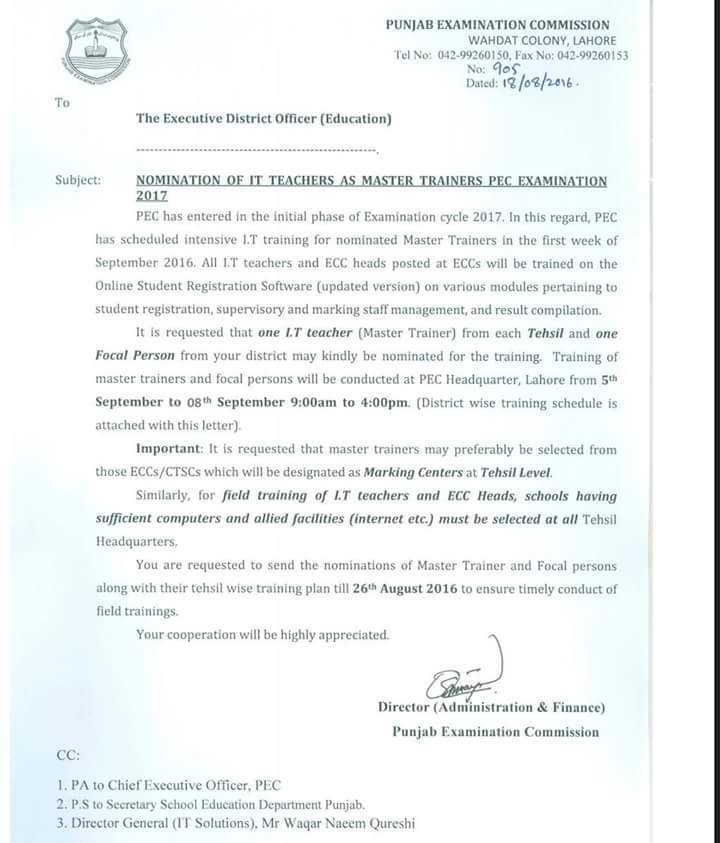 Nomination of IT Teacher as Master Trainer for PEC Exam 2017
