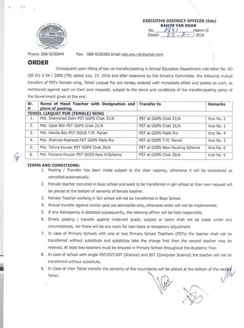 Liaquatpur FeMale PSTs Mutual Transfer Orders issued by EDO education RYK