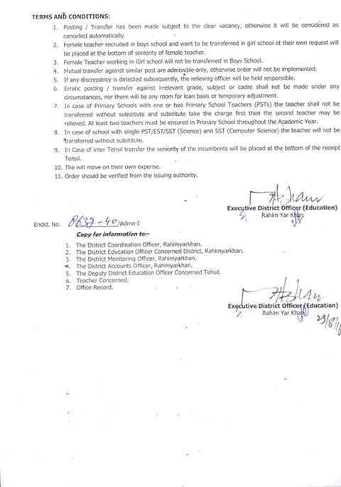 Liaquatpur Male PSTs Mutual Transfer Orders issued by EDO education RYK