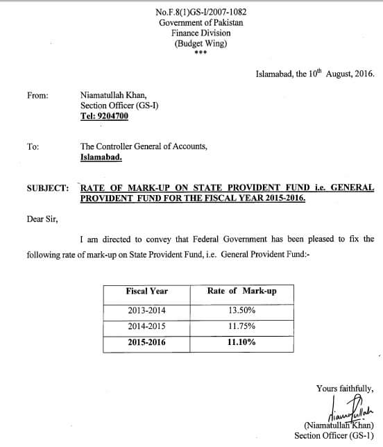 RATE OF MARK-UP ON STATE PROVIDENT FUND GENERAL PROVIDENT FUND 2015 2016