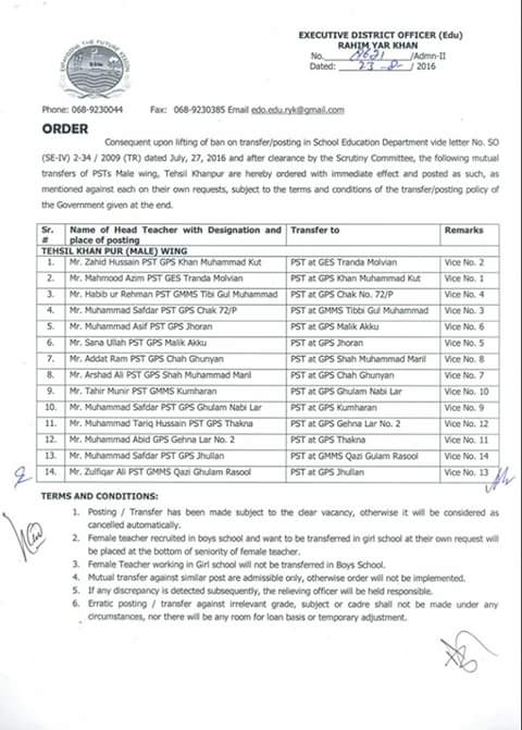 Tehsil Khanpur Male PSTs Mutual Transfer Orders issued by EDO education RYK