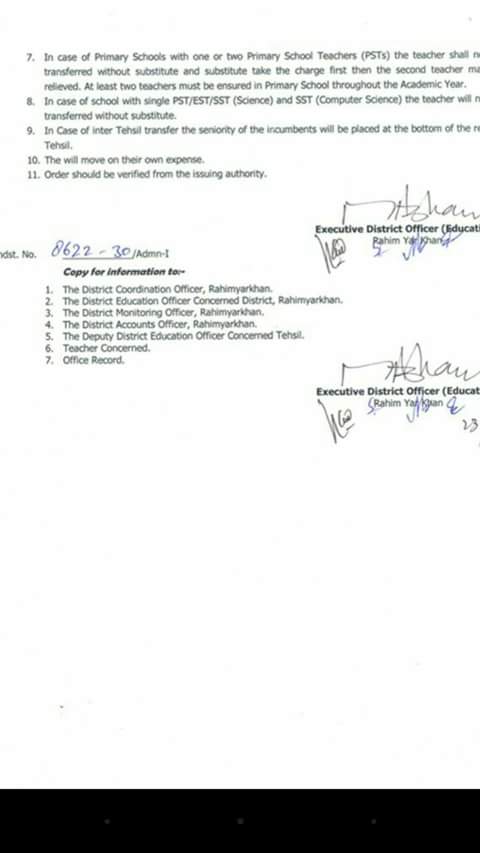 Tehsil Khanpur Male PSTs Mutual Transfer Orders issued by EDO education RYK2
