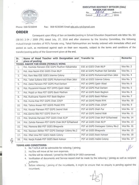 Tehsil Rahimyarkhan female PSTs Mutual Transfer Orders Issued by EDO Education RYK