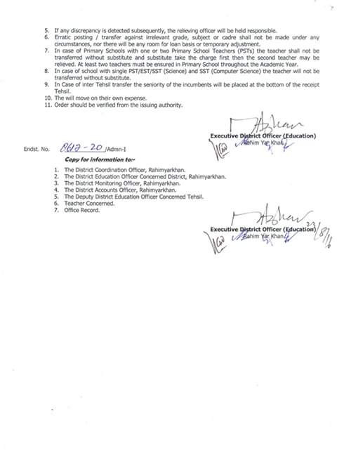 Tehsil Sadiqabad Female PSTs Mutual Transfer Orders Issued by EDO Education RYK 2