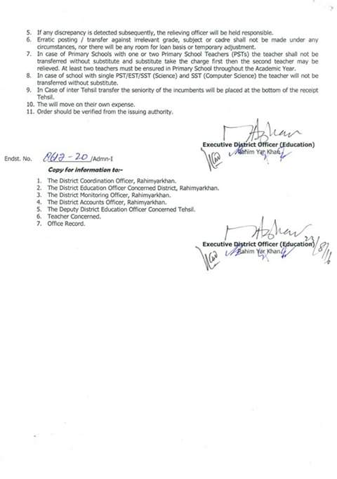 Tehsil Sadiqabad male PSTs Mutual Transfer Orders Issued by EDO Education RYK 2
