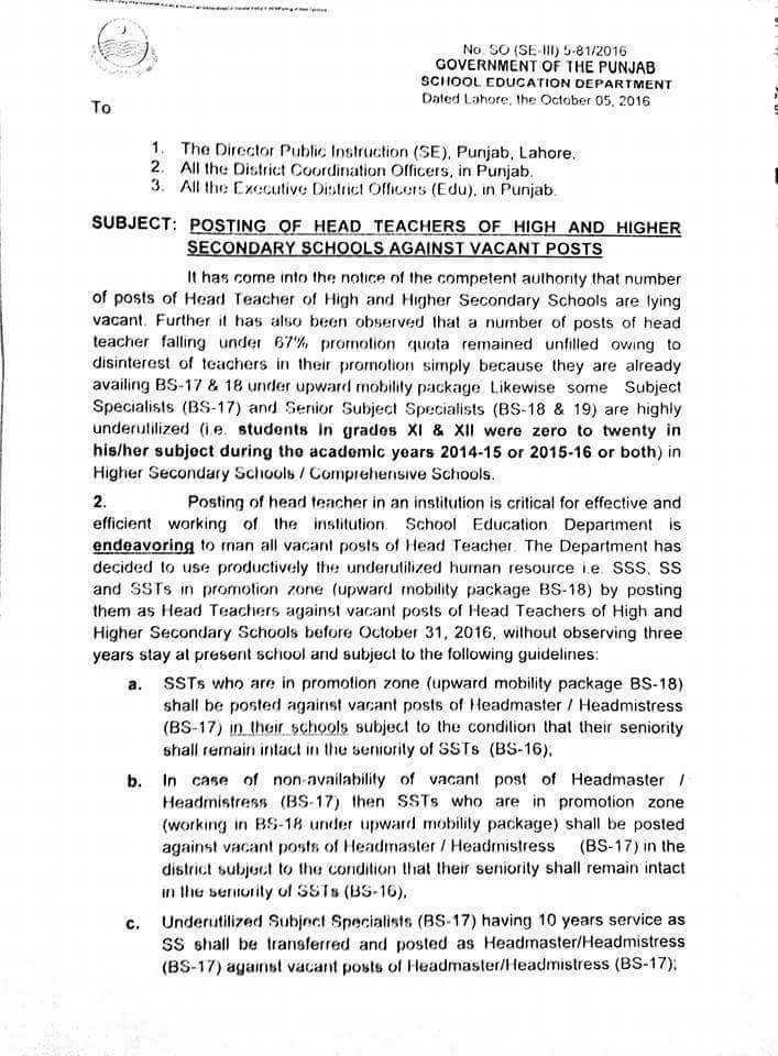 POSTING OF HEAD TEACHERS IN HIGH AND HIGHER SECONDARY SCHOOLS 