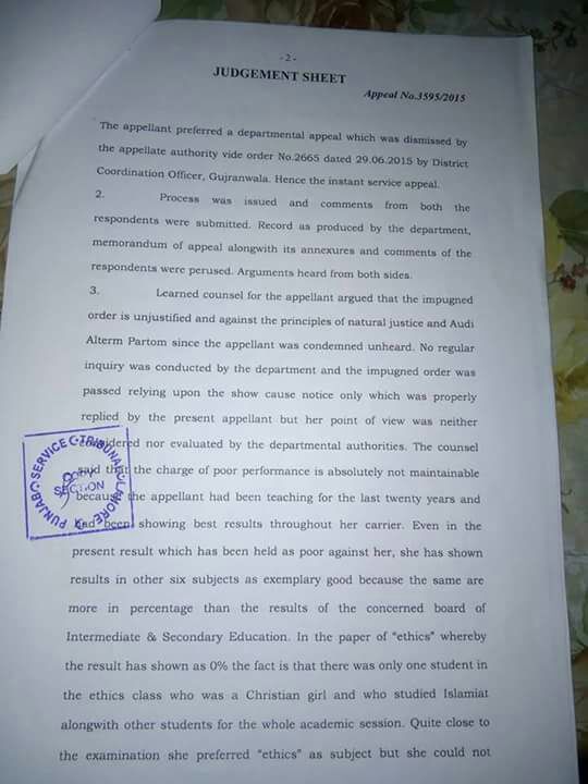 JUDGMENT SHEET PUNJAB SERVICE TRIBUNAL LAHORE ON POOR RESULT IN MATRIC